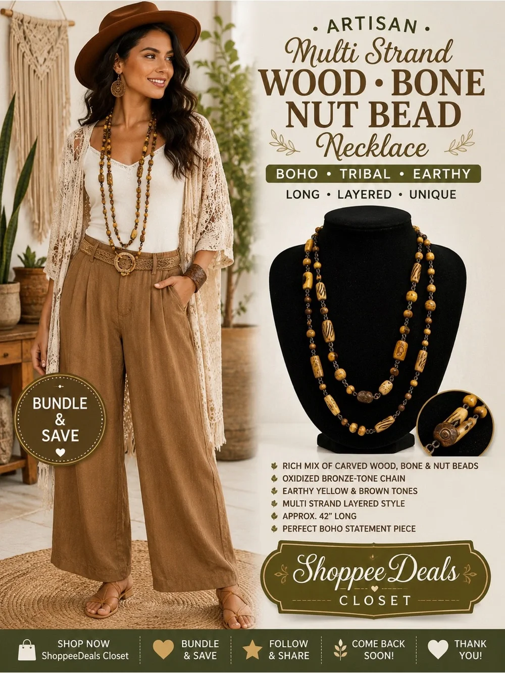 Artisan Multi Strand Wood Bone Nut Bead Necklace Boho Tribal Earthy Long